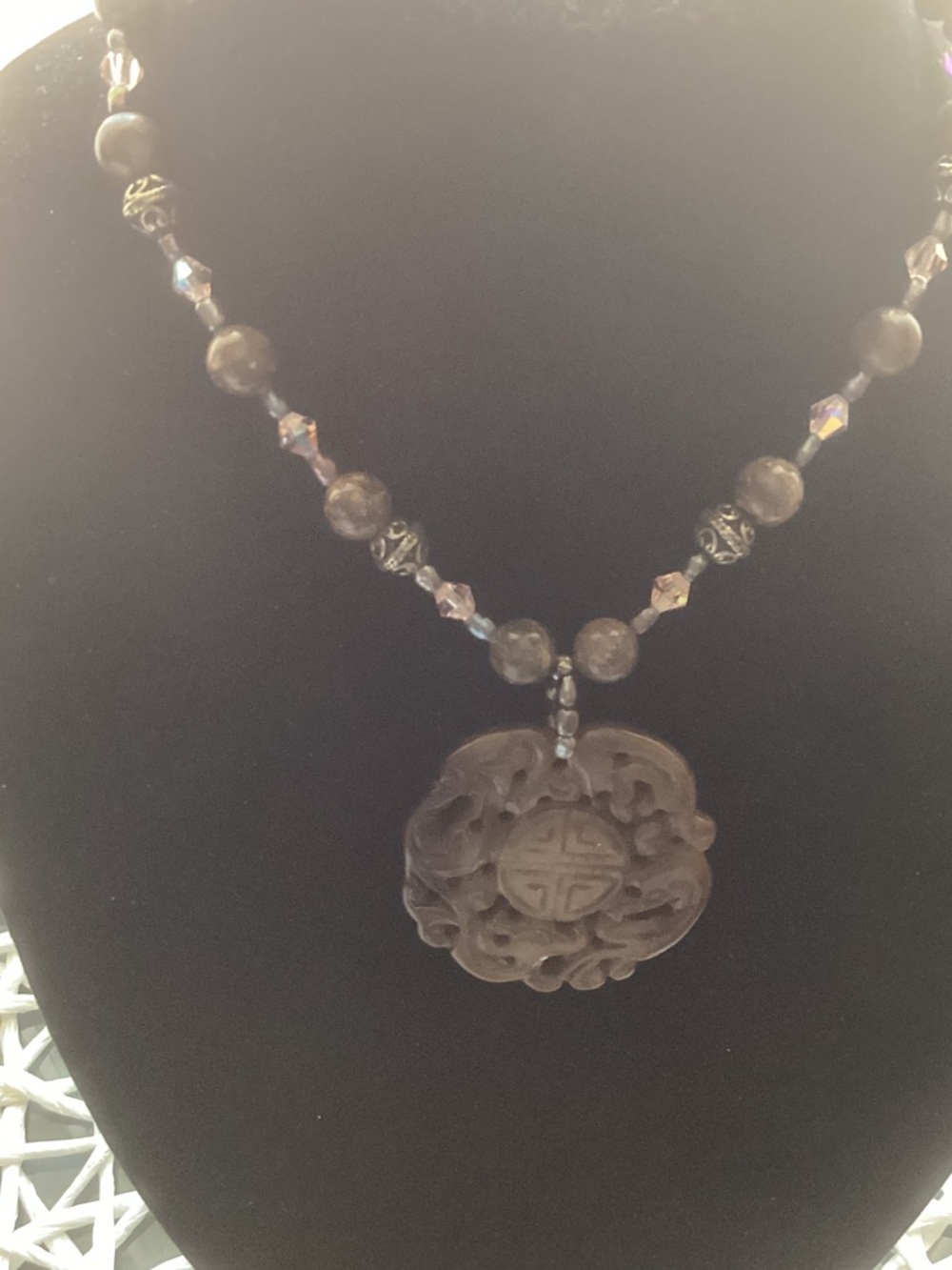 Vintage-Style Brown Carved Pendant Necklace with Beaded Accents